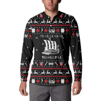 Viking Christmas Button Sweatshirt with Fa La La La La Valhalla Quote and Longship Nordic Pattern - Wonder Print Shop