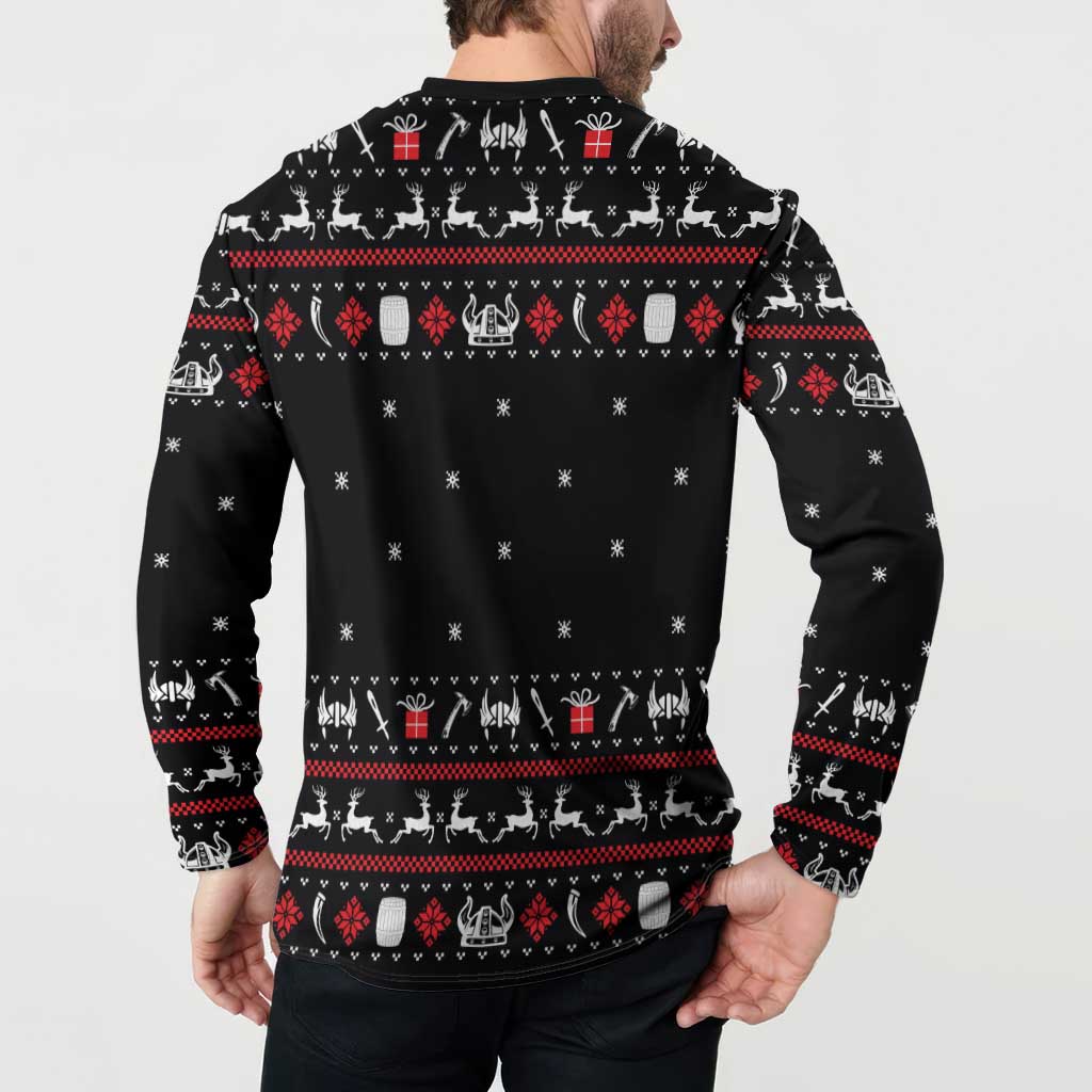 Viking Christmas Button Sweatshirt with Fa La La La La Valhalla Quote and Longship Nordic Pattern - Wonder Print Shop