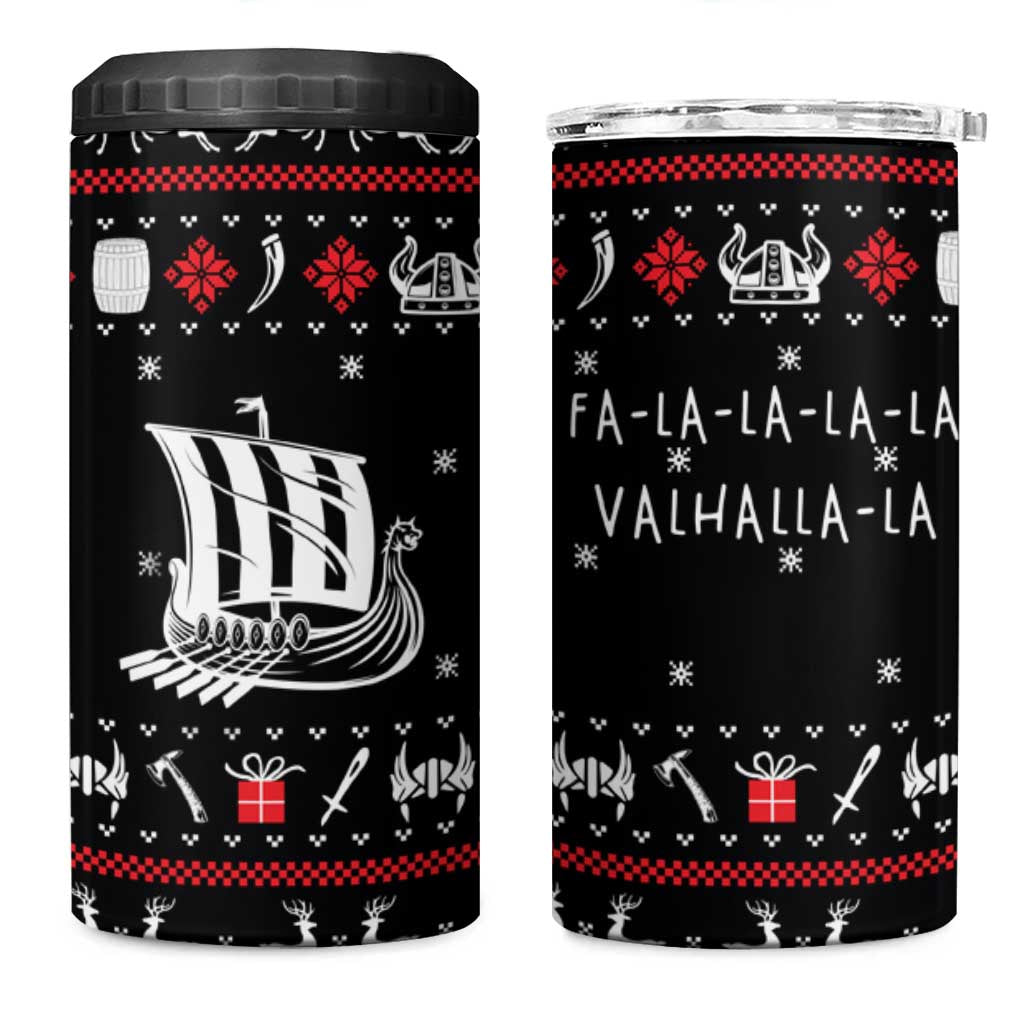 Viking Christmas 4 in 1 Can Cooler Tumbler with Fa La La La La Valhalla Quote and Longship Nordic Pattern - Wonder Print Shop