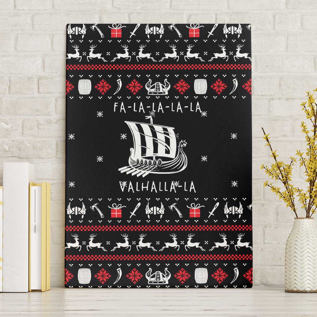 Viking Christmas Canvas Wall Art with Fa La La La La Valhalla Quote and Longship Nordic Pattern - Wonder Print Shop