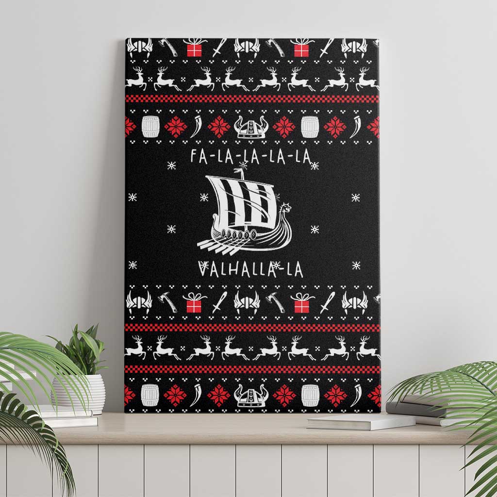 Viking Christmas Canvas Wall Art with Fa La La La La Valhalla Quote and Longship Nordic Pattern - Wonder Print Shop