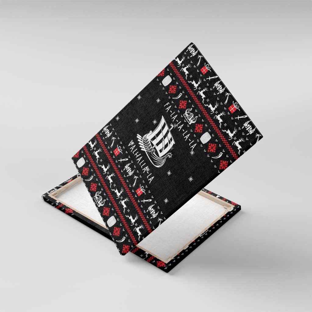 Viking Christmas Canvas Wall Art with Fa La La La La Valhalla Quote and Longship Nordic Pattern - Wonder Print Shop