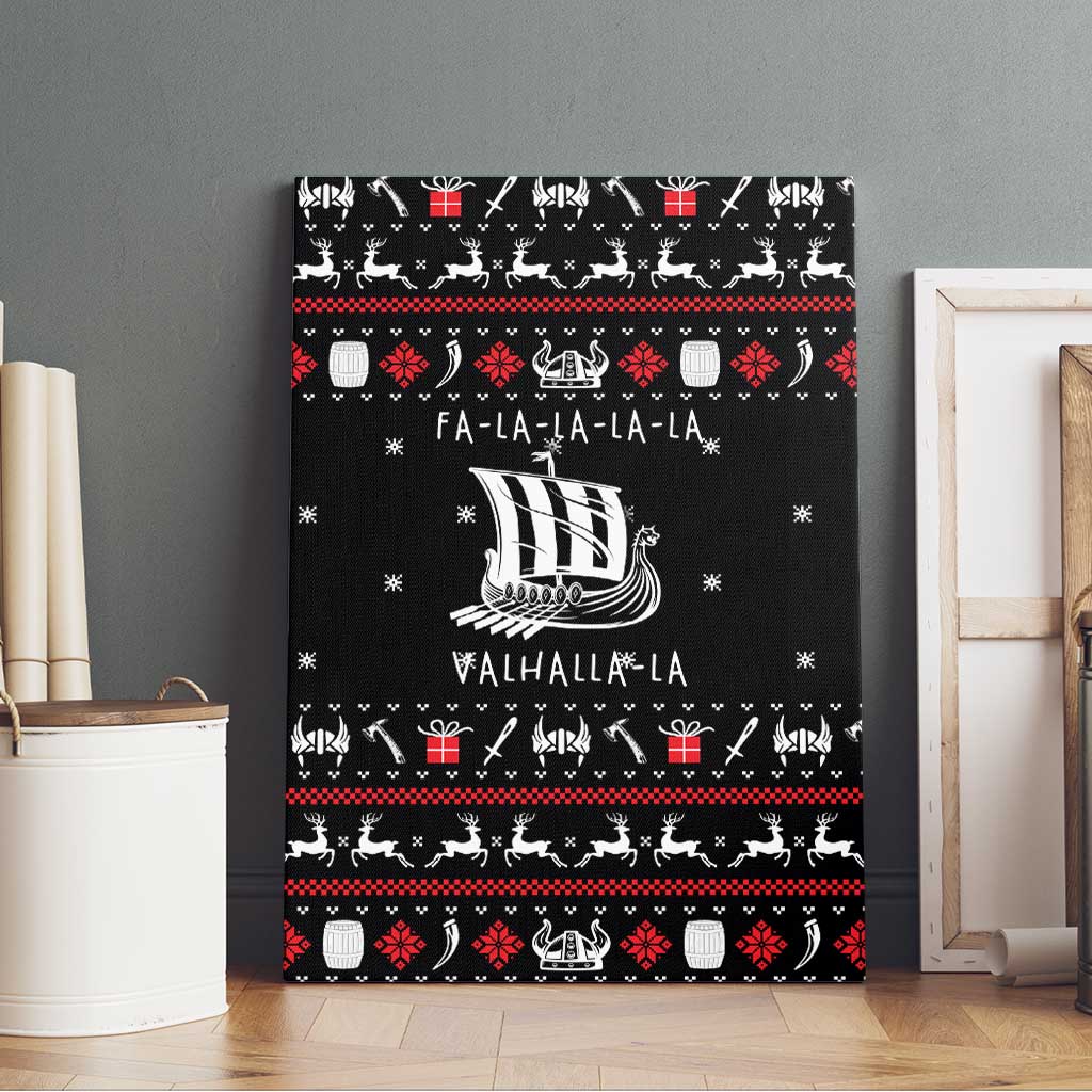 Viking Christmas Canvas Wall Art with Fa La La La La Valhalla Quote and Longship Nordic Pattern - Wonder Print Shop