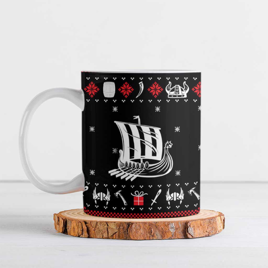 Viking Christmas Ceramic Mug with Fa La La La La Valhalla Quote and Longship Nordic Pattern - Wonder Print Shop
