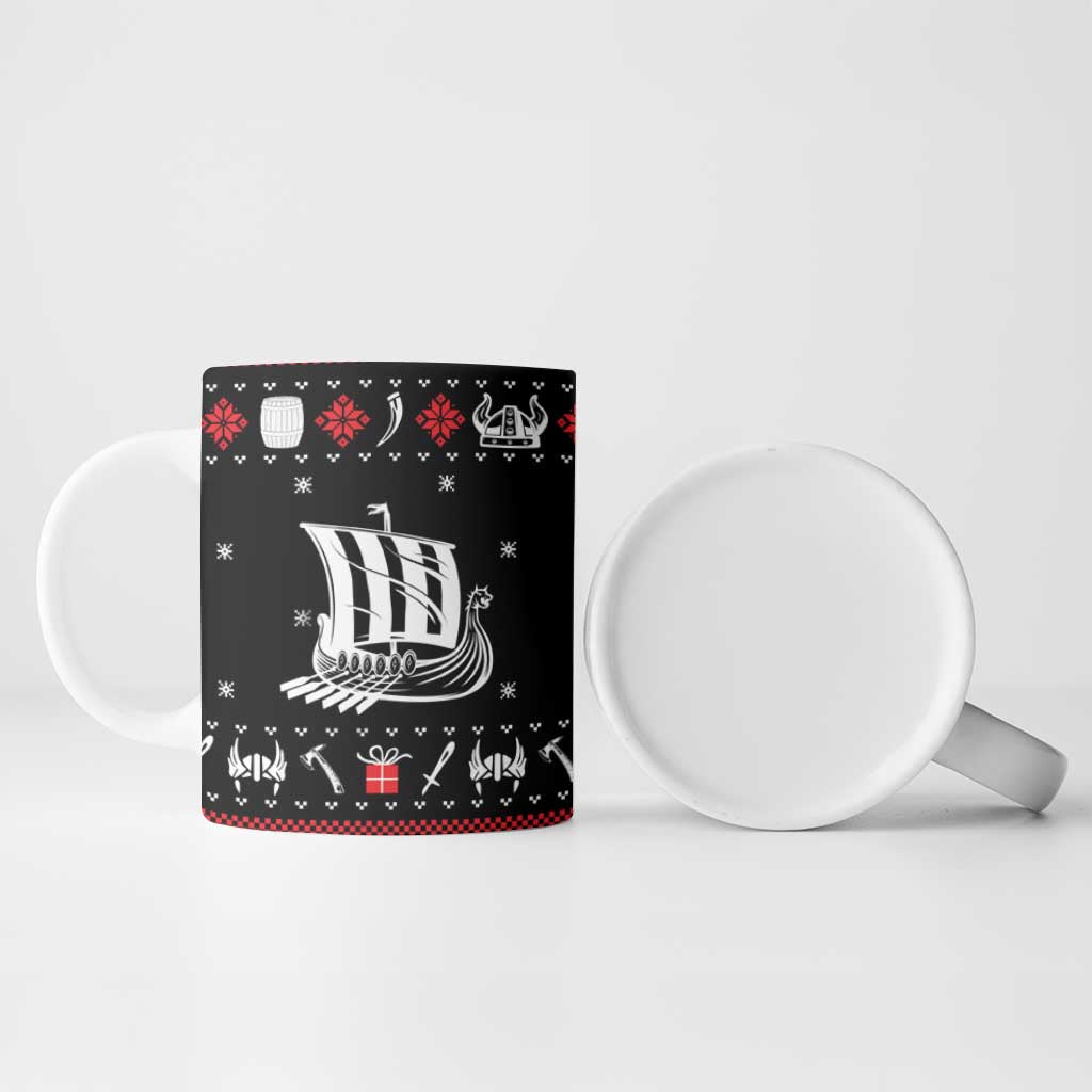 Viking Christmas Ceramic Mug with Fa La La La La Valhalla Quote and Longship Nordic Pattern - Wonder Print Shop