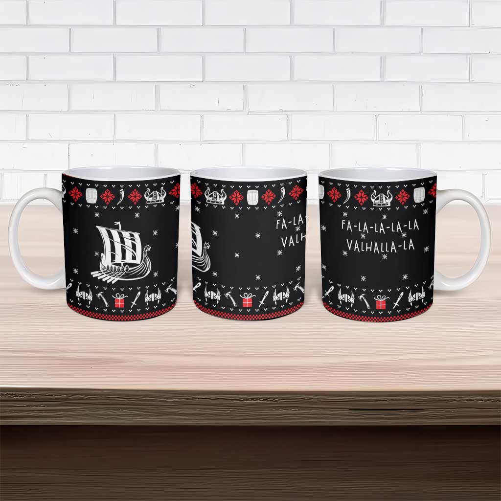 Viking Christmas Ceramic Mug with Fa La La La La Valhalla Quote and Longship Nordic Pattern - Wonder Print Shop