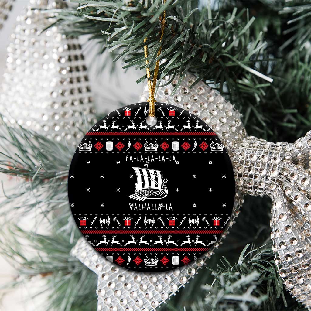 Viking Christmas Ceramic Ornament with Fa La La La La Valhalla Quote and Longship Nordic Pattern - Wonder Print Shop