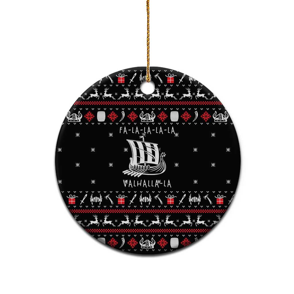 Viking Christmas Ceramic Ornament with Fa La La La La Valhalla Quote and Longship Nordic Pattern - Wonder Print Shop