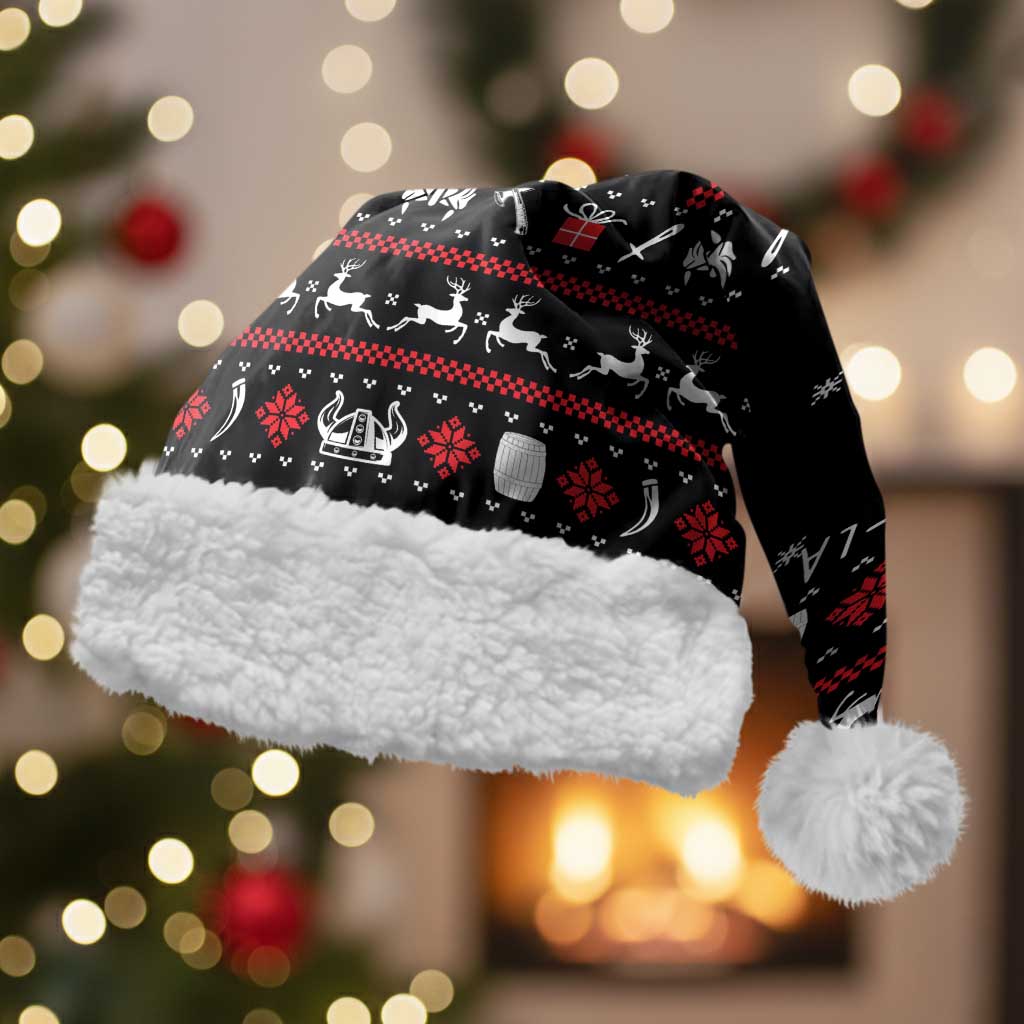 Viking Christmas Santa Hat with Fa La La La La Valhalla Quote and Longship Nordic Pattern - Wonder Print Shop