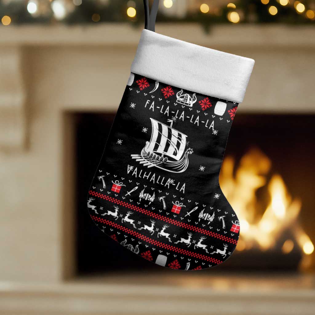 Viking Christmas Stocking with Fa La La La La Valhalla Quote and Longship Nordic Pattern - Wonder Print Shop