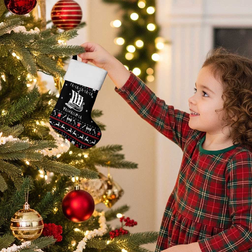 Viking Christmas Stocking with Fa La La La La Valhalla Quote and Longship Nordic Pattern - Wonder Print Shop