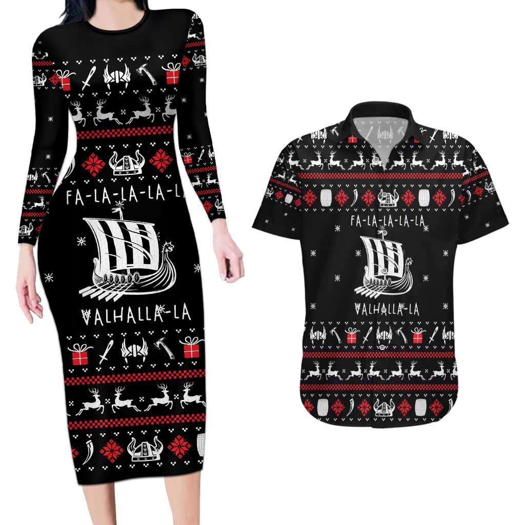 Viking Christmas Couples Matching Long Sleeve Bodycon Dress and Hawaiian Shirt with Fa La La La La Valhalla Quote and Longship Nordic Pattern - Wonder Print Shop