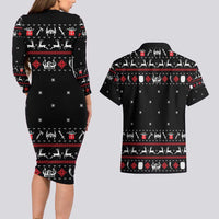 Viking Christmas Couples Matching Long Sleeve Bodycon Dress and Hawaiian Shirt with Fa La La La La Valhalla Quote and Longship Nordic Pattern - Wonder Print Shop