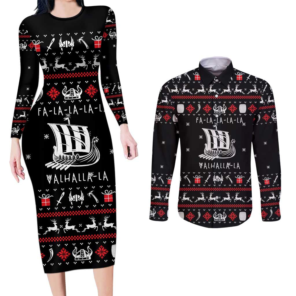 Viking Christmas Couples Matching Long Sleeve Bodycon Dress and Long Sleeve Button Shirt with Fa La La La La Valhalla Quote and Longship Nordic Pattern - Wonder Print Shop