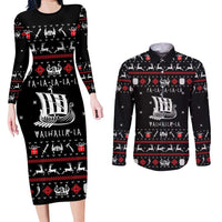 Viking Christmas Couples Matching Long Sleeve Bodycon Dress and Long Sleeve Button Shirt with Fa La La La La Valhalla Quote and Longship Nordic Pattern - Wonder Print Shop
