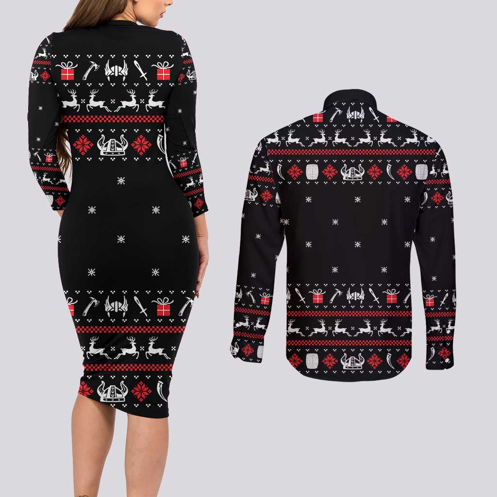 Viking Christmas Couples Matching Long Sleeve Bodycon Dress and Long Sleeve Button Shirt with Fa La La La La Valhalla Quote and Longship Nordic Pattern - Wonder Print Shop