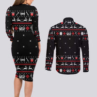 Viking Christmas Couples Matching Long Sleeve Bodycon Dress and Long Sleeve Button Shirt with Fa La La La La Valhalla Quote and Longship Nordic Pattern - Wonder Print Shop