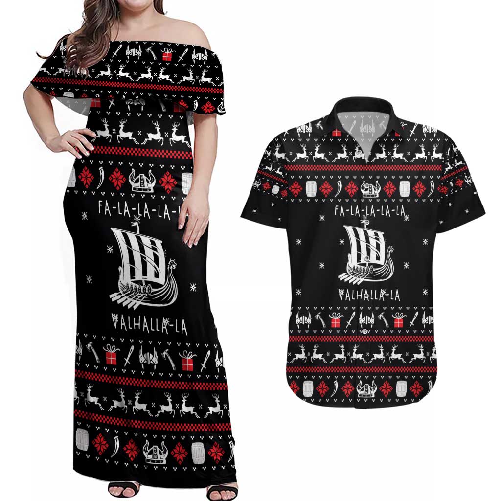 Viking Christmas Couples Matching Off Shoulder Maxi Dress and Hawaiian Shirt with Fa La La La La Valhalla Quote and Longship Nordic Pattern - Wonder Print Shop