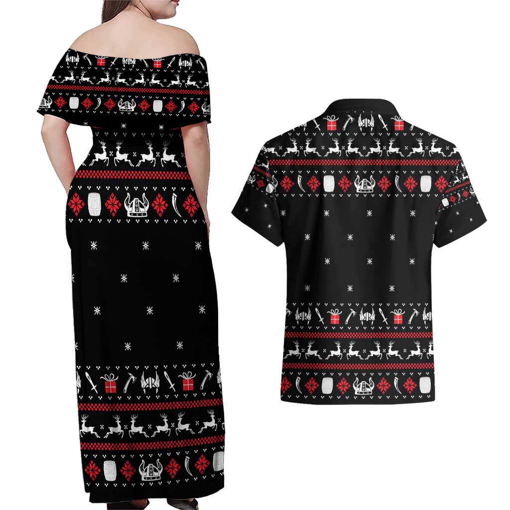 Viking Christmas Couples Matching Off Shoulder Maxi Dress and Hawaiian Shirt with Fa La La La La Valhalla Quote and Longship Nordic Pattern - Wonder Print Shop