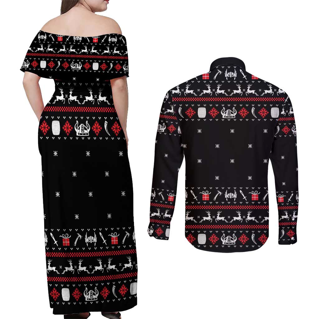Viking Christmas Couples Matching Off Shoulder Maxi Dress and Long Sleeve Button Shirt with Fa La La La La Valhalla Quote and Longship Nordic Pattern - Wonder Print Shop