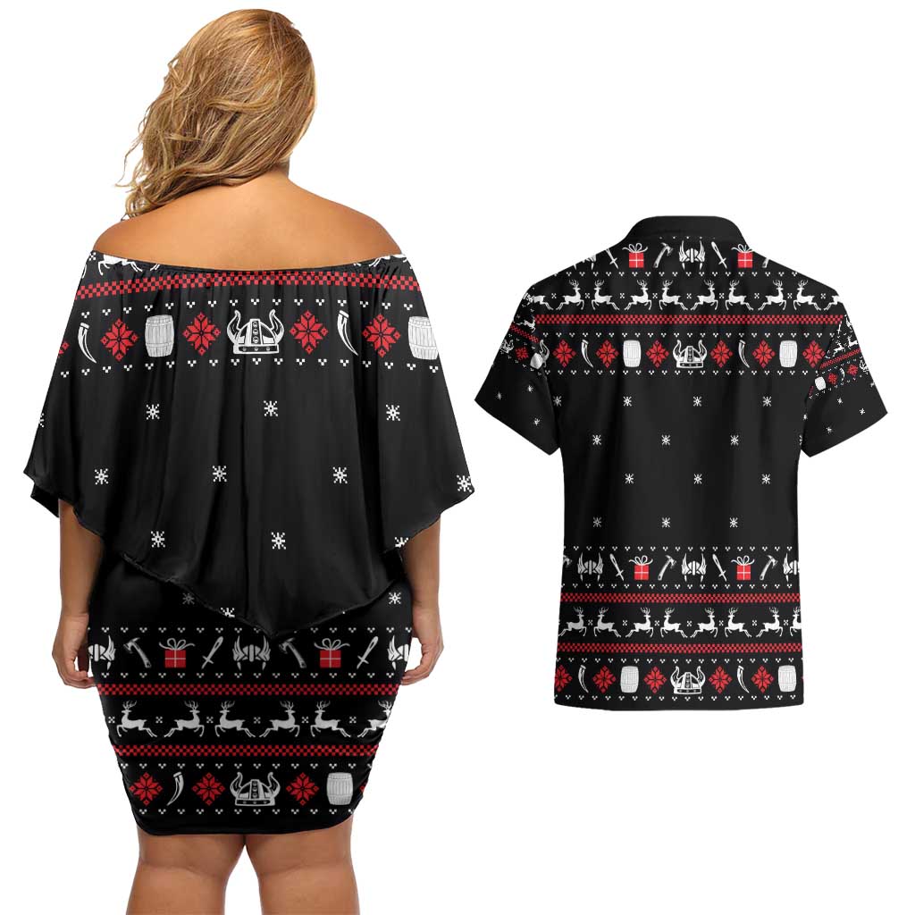 Viking Christmas Couples Matching Off Shoulder Short Dress and Hawaiian Shirt with Fa La La La La Valhalla Quote and Longship Nordic Pattern - Wonder Print Shop