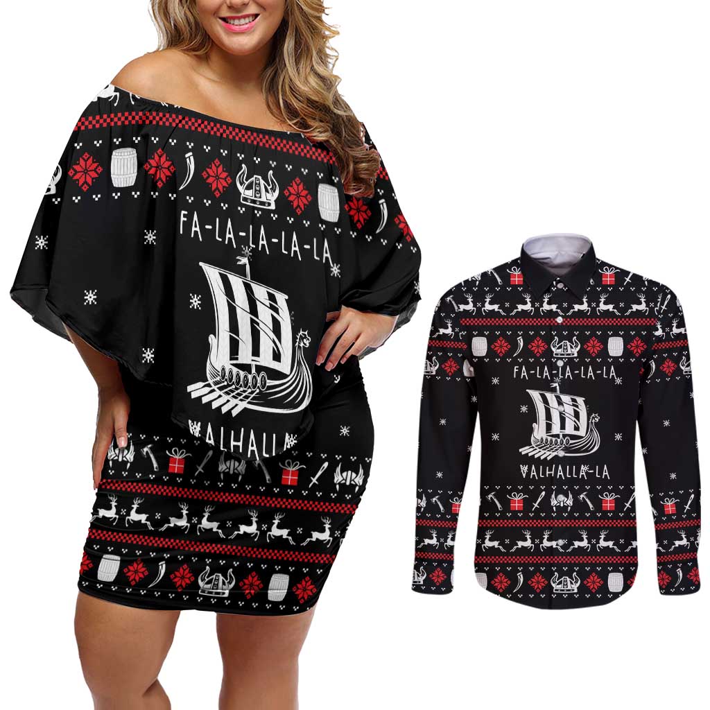 Viking Christmas Couples Matching Off Shoulder Short Dress and Long Sleeve Button Shirt with Fa La La La La Valhalla Quote and Longship Nordic Pattern - Wonder Print Shop