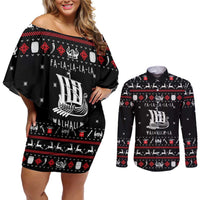 Viking Christmas Couples Matching Off Shoulder Short Dress and Long Sleeve Button Shirt with Fa La La La La Valhalla Quote and Longship Nordic Pattern - Wonder Print Shop