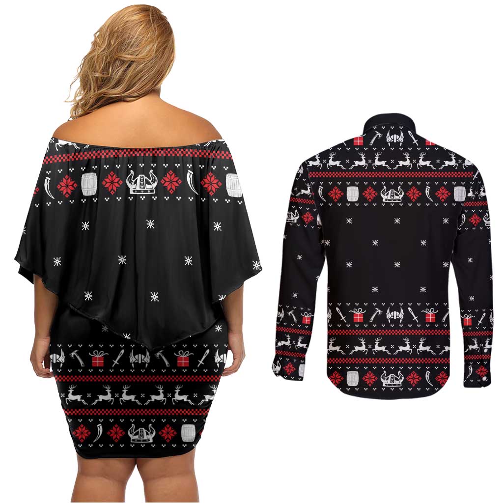 Viking Christmas Couples Matching Off Shoulder Short Dress and Long Sleeve Button Shirt with Fa La La La La Valhalla Quote and Longship Nordic Pattern - Wonder Print Shop