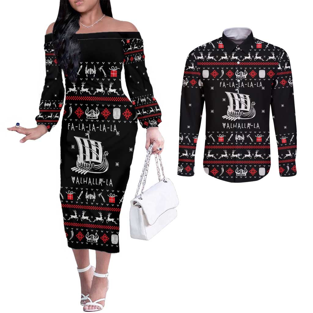 Viking Christmas Couples Matching Off The Shoulder Long Sleeve Dress and Long Sleeve Button Shirt with Fa La La La La Valhalla Quote and Longship Nordic Pattern - Wonder Print Shop