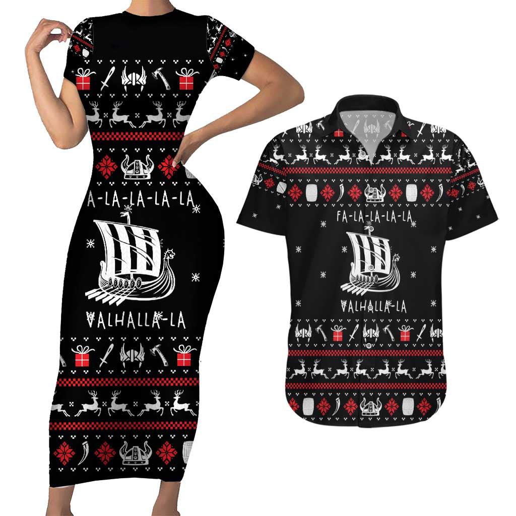 Viking Christmas Couples Matching Short Sleeve Bodycon Dress and Hawaiian Shirt with Fa La La La La Valhalla Quote and Longship Nordic Pattern - Wonder Print Shop