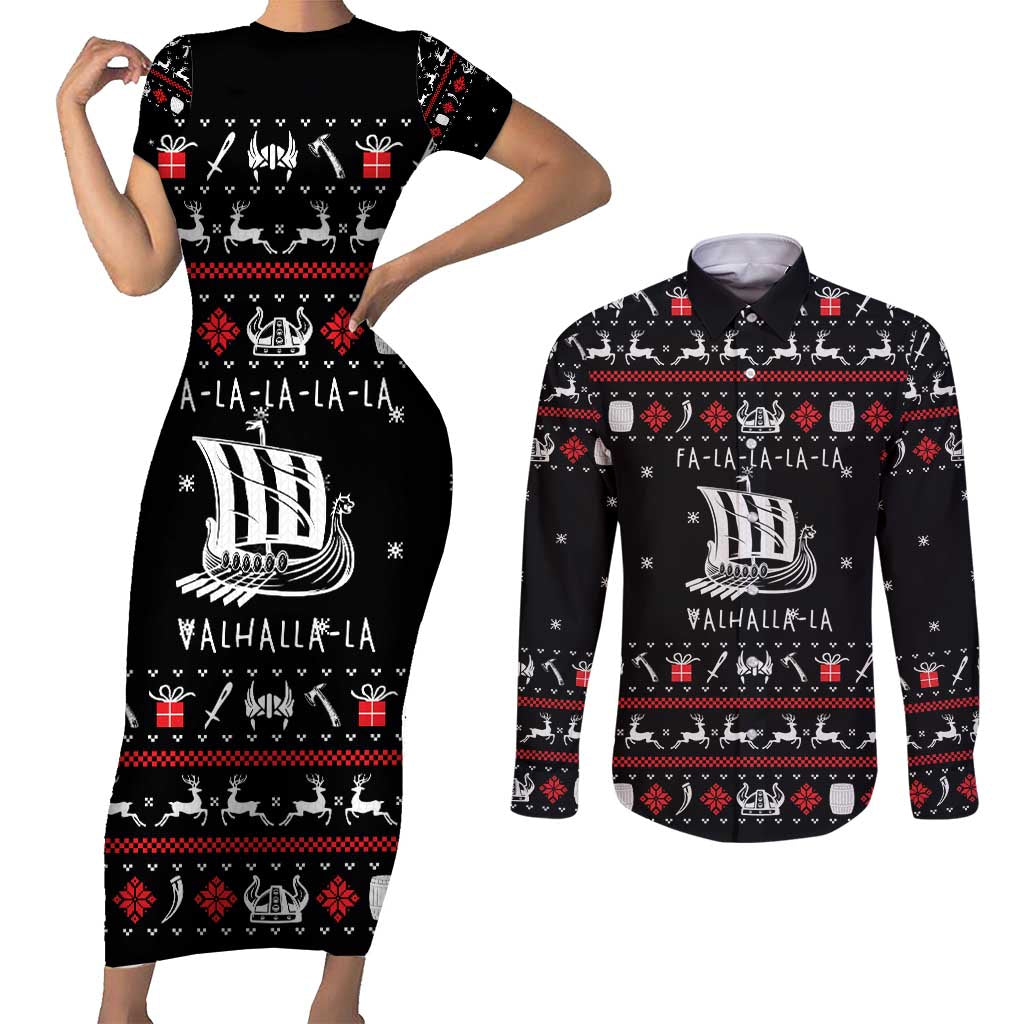 Viking Christmas Couples Matching Short Sleeve Bodycon Dress and Long Sleeve Button Shirt with Fa La La La La Valhalla Quote and Longship Nordic Pattern - Wonder Print Shop
