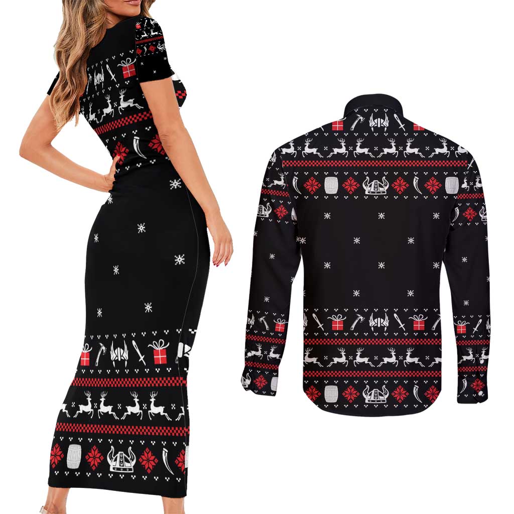 Viking Christmas Couples Matching Short Sleeve Bodycon Dress and Long Sleeve Button Shirt with Fa La La La La Valhalla Quote and Longship Nordic Pattern - Wonder Print Shop