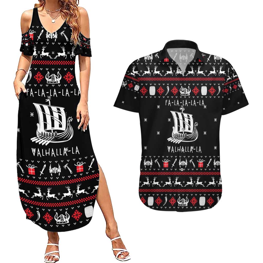 Viking Christmas Couples Matching Summer Maxi Dress and Hawaiian Shirt with Fa La La La La Valhalla Quote and Longship Nordic Pattern - Wonder Print Shop