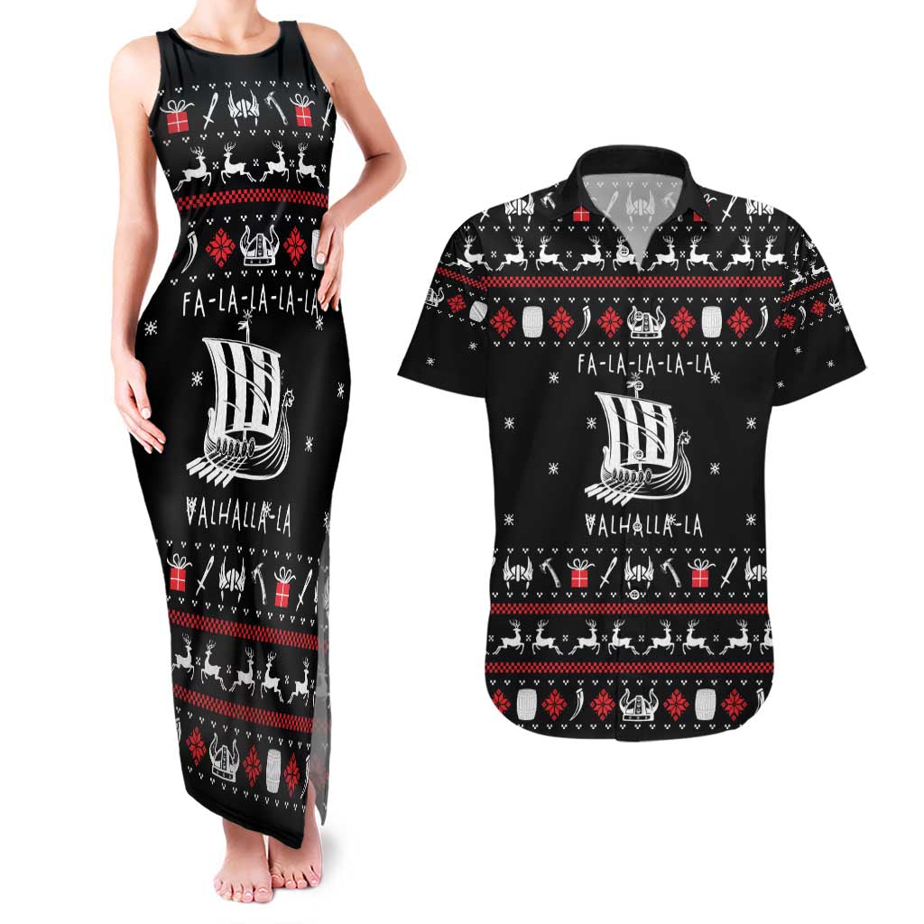 Viking Christmas Couples Matching Tank Maxi Dress and Hawaiian Shirt with Fa La La La La Valhalla Quote and Longship Nordic Pattern - Wonder Print Shop