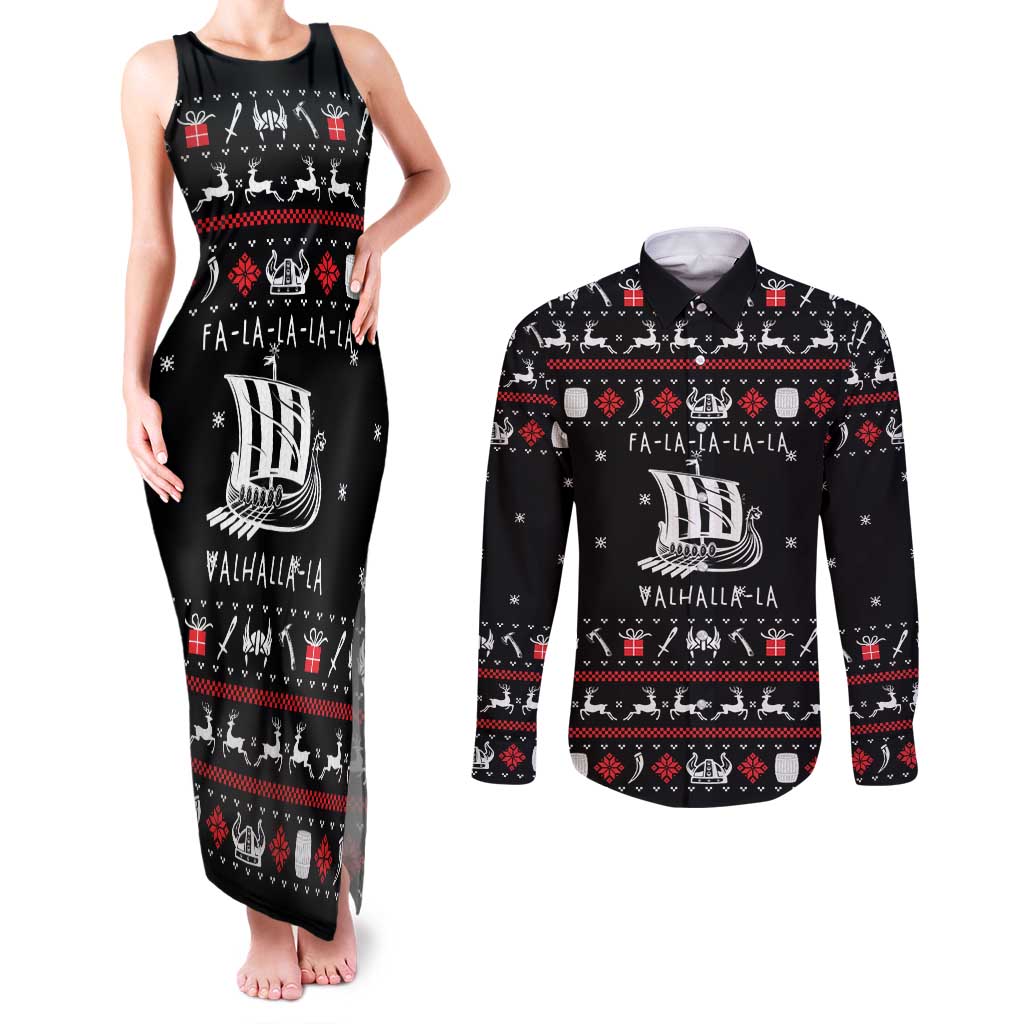 Viking Christmas Couples Matching Tank Maxi Dress and Long Sleeve Button Shirt with Fa La La La La Valhalla Quote and Longship Nordic Pattern - Wonder Print Shop