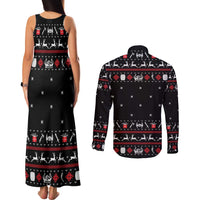 Viking Christmas Couples Matching Tank Maxi Dress and Long Sleeve Button Shirt with Fa La La La La Valhalla Quote and Longship Nordic Pattern - Wonder Print Shop