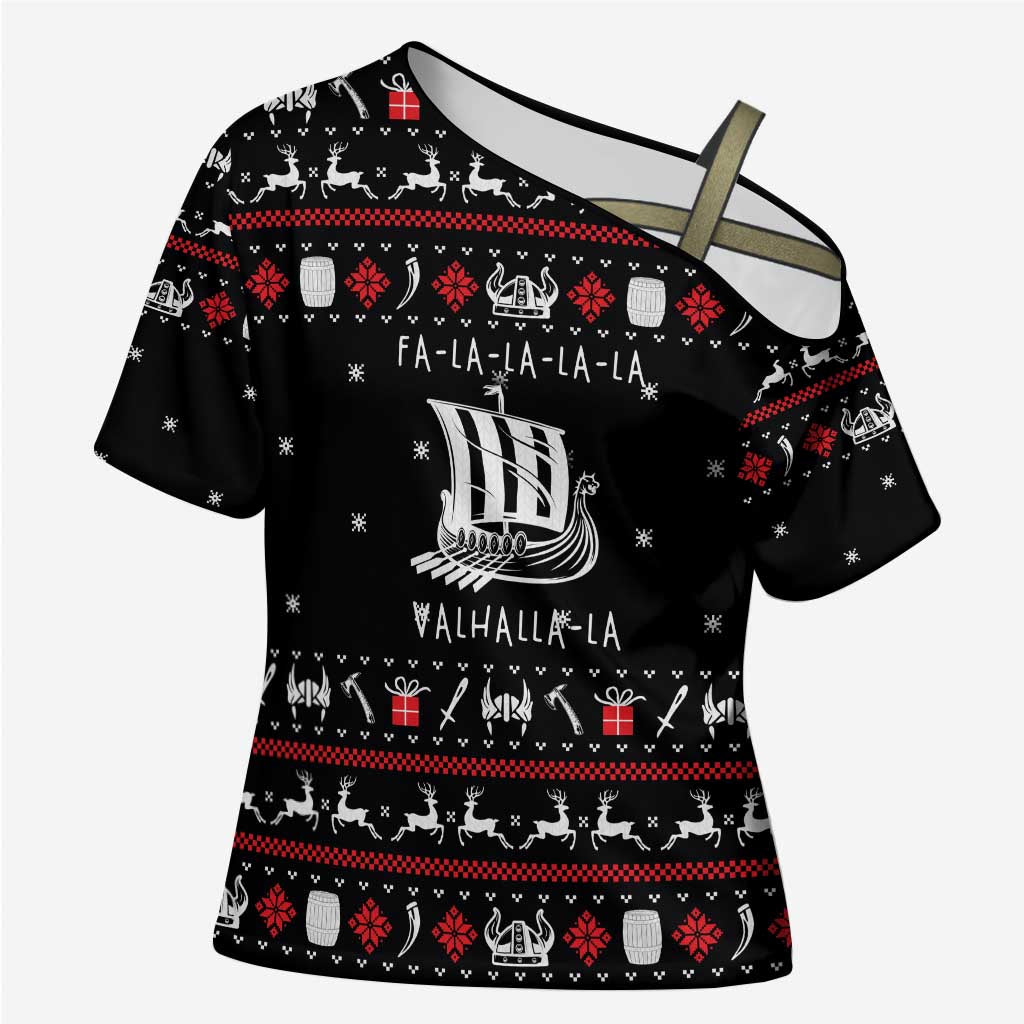 Viking Christmas Cross Shoulder Shirt with Fa La La La La Valhalla Quote and Longship Nordic Pattern - Wonder Print Shop