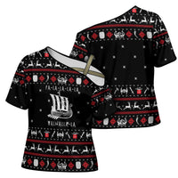 Viking Christmas Cross Shoulder Shirt with Fa La La La La Valhalla Quote and Longship Nordic Pattern - Wonder Print Shop