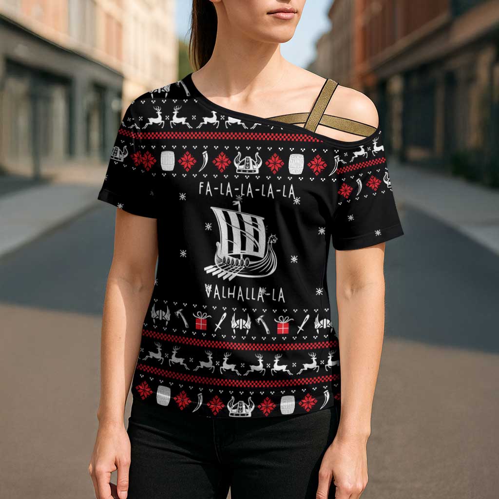 Viking Christmas Cross Shoulder Shirt with Fa La La La La Valhalla Quote and Longship Nordic Pattern - Wonder Print Shop
