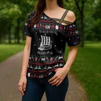 Viking Christmas Cross Shoulder Shirt with Fa La La La La Valhalla Quote and Longship Nordic Pattern - Wonder Print Shop