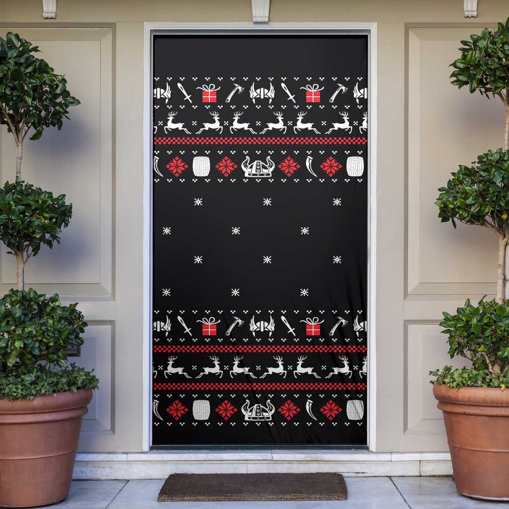 Viking Christmas Door Cover with Fa La La La La Valhalla Quote and Longship Nordic Pattern - Wonder Print Shop