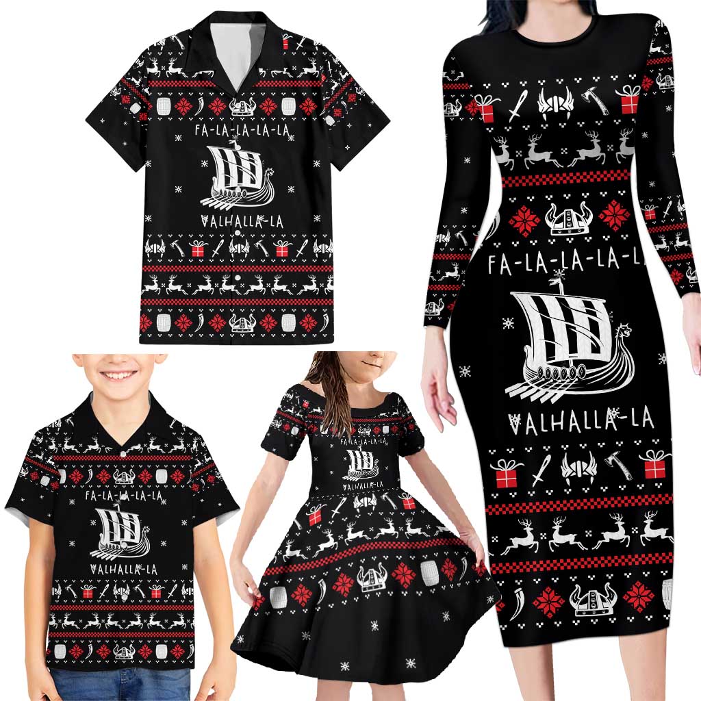 Viking Christmas Family Matching Long Sleeve Bodycon Dress and Hawaiian Shirt with Fa La La La La Valhalla Quote and Longship Nordic Pattern - Wonder Print Shop