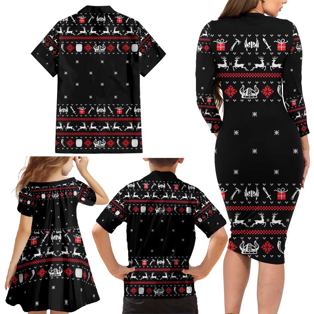 Viking Christmas Family Matching Long Sleeve Bodycon Dress and Hawaiian Shirt with Fa La La La La Valhalla Quote and Longship Nordic Pattern - Wonder Print Shop