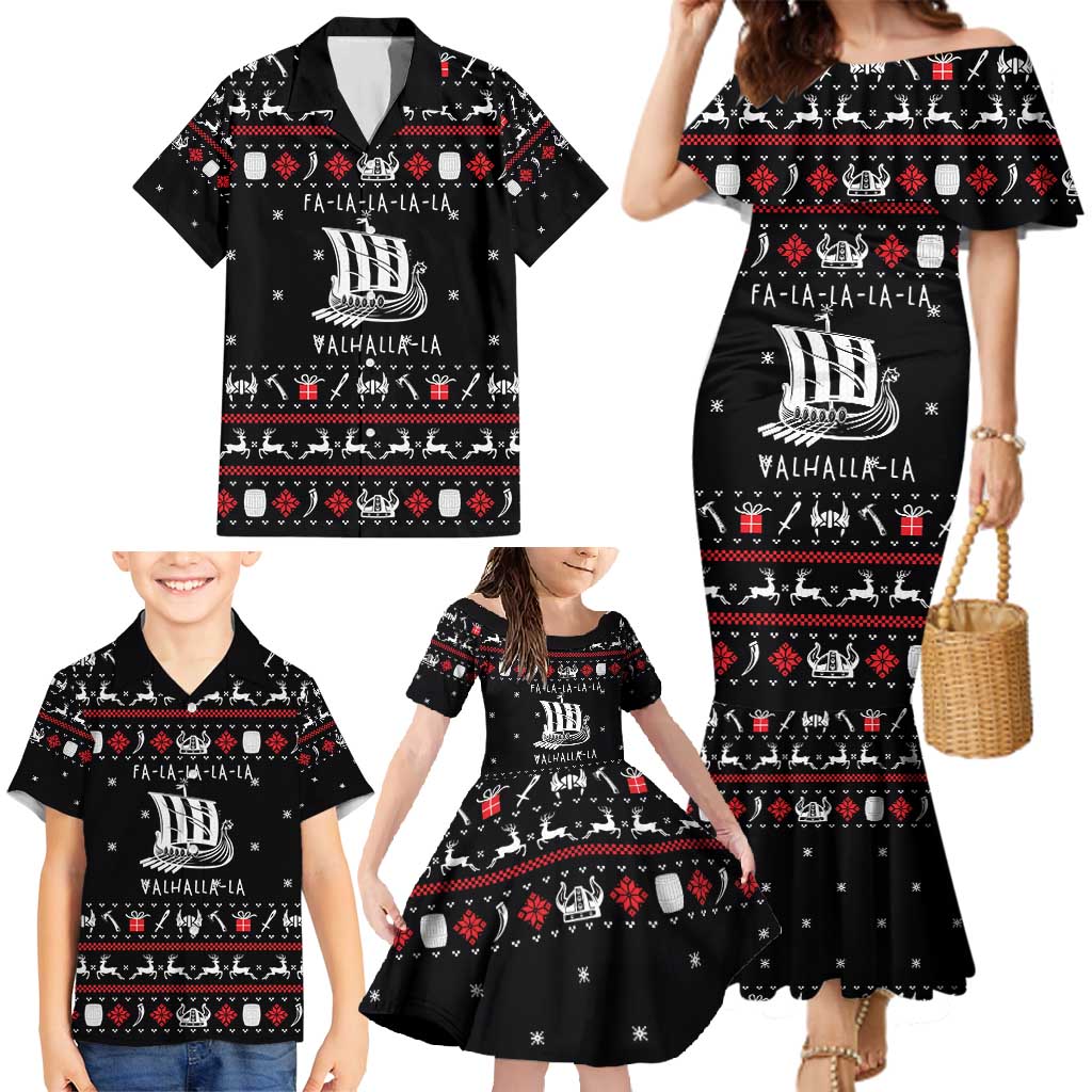 Viking Christmas Family Matching Mermaid Dress and Hawaiian Shirt with Fa La La La La Valhalla Quote and Longship Nordic Pattern - Wonder Print Shop
