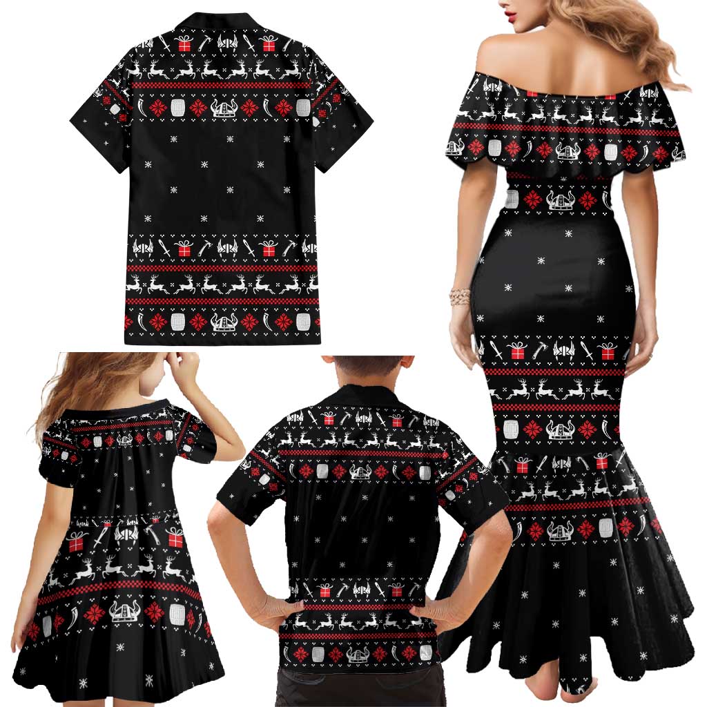 Viking Christmas Family Matching Mermaid Dress and Hawaiian Shirt with Fa La La La La Valhalla Quote and Longship Nordic Pattern - Wonder Print Shop