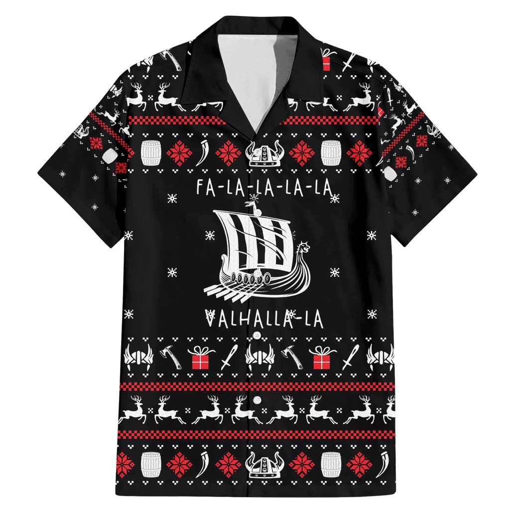 Viking Christmas Family Matching Mermaid Dress and Hawaiian Shirt with Fa La La La La Valhalla Quote and Longship Nordic Pattern - Wonder Print Shop