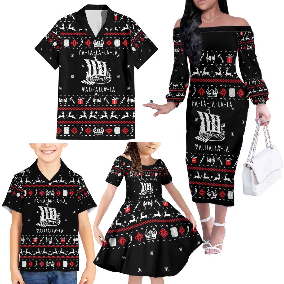 Viking Christmas Family Matching Off The Shoulder Long Sleeve Dress and Hawaiian Shirt with Fa La La La La Valhalla Quote and Longship Nordic Pattern - Wonder Print Shop