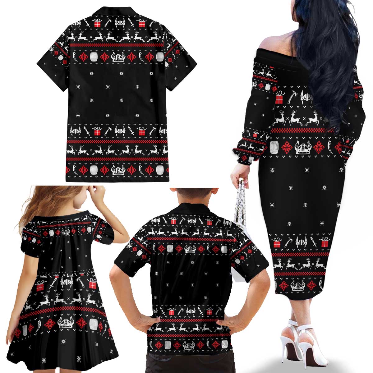 Viking Christmas Family Matching Off The Shoulder Long Sleeve Dress and Hawaiian Shirt with Fa La La La La Valhalla Quote and Longship Nordic Pattern - Wonder Print Shop