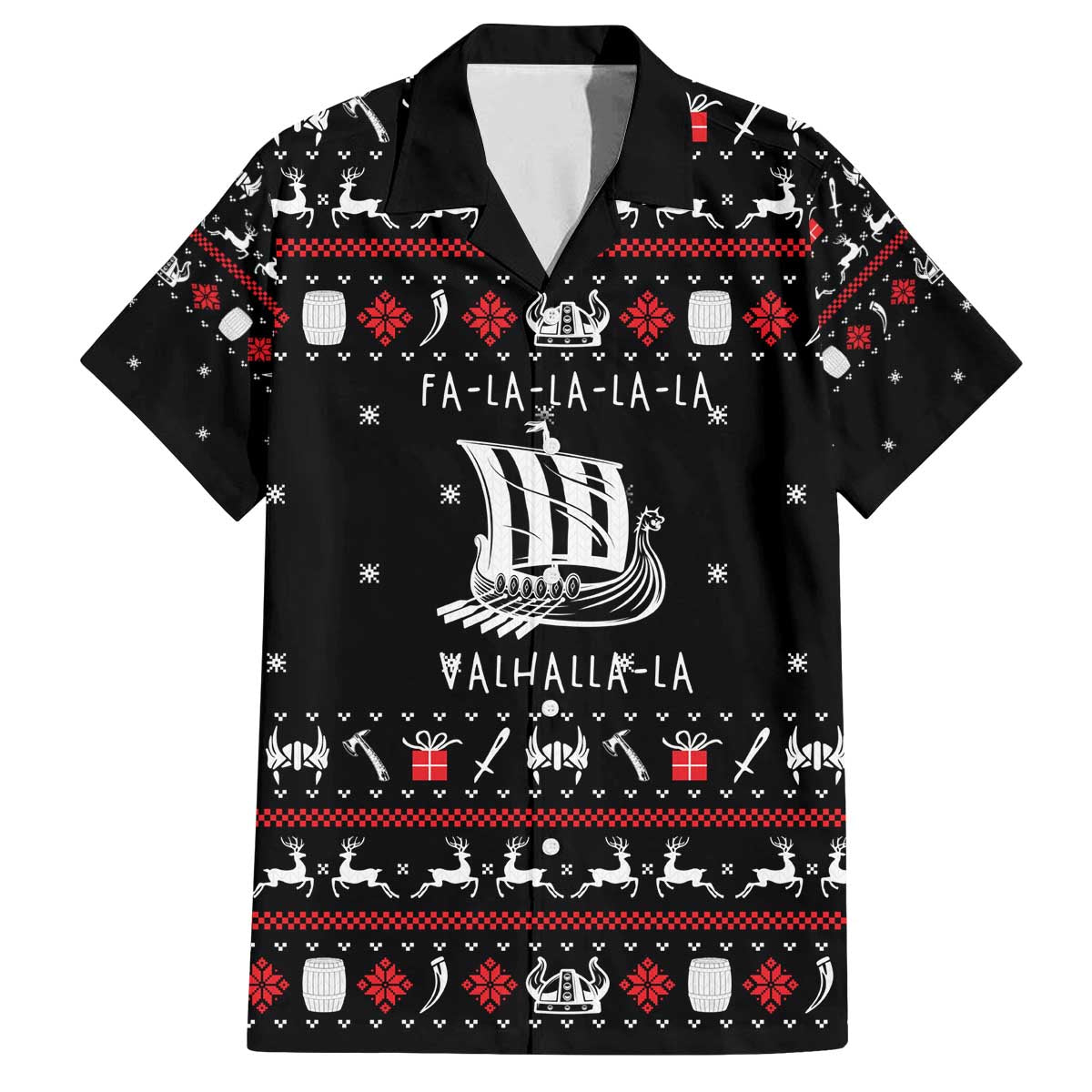 Viking Christmas Family Matching Off The Shoulder Long Sleeve Dress and Hawaiian Shirt with Fa La La La La Valhalla Quote and Longship Nordic Pattern - Wonder Print Shop