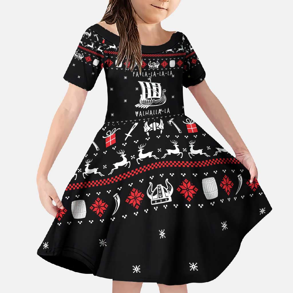 Viking Christmas Family Matching Off Shoulder Maxi Dress and Hawaiian Shirt with Fa La La La La Valhalla Quote and Longship Nordic Pattern - Wonder Print Shop